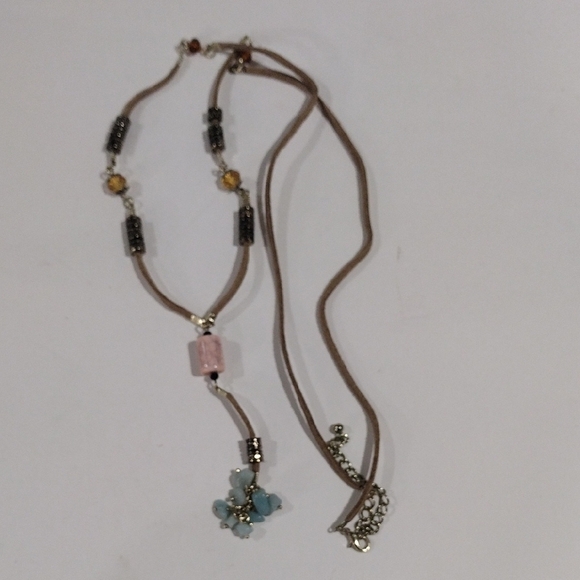 🌟 Gold-Tone Brown Cord Colorful Beaded Necklace w/ Beads Cluster Pendant, Chic - Picture 11 of 12